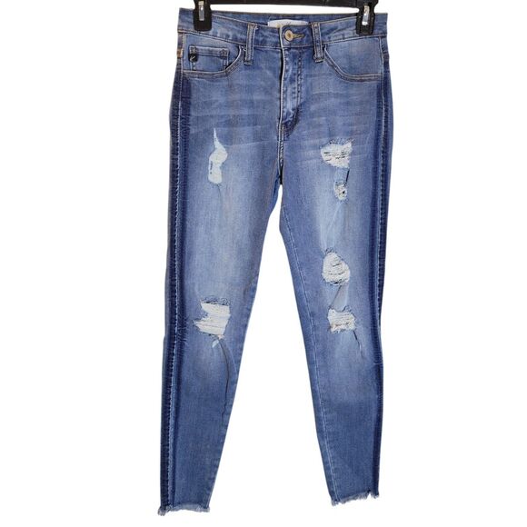 Kancan Womens Size 25 Blue Solid Distressed Skinny Jeans - Picture 1 of 12